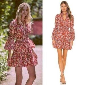 Alexis Rosewell Rust Red Floral Print Smocked Jacquard Mini Dress Size M